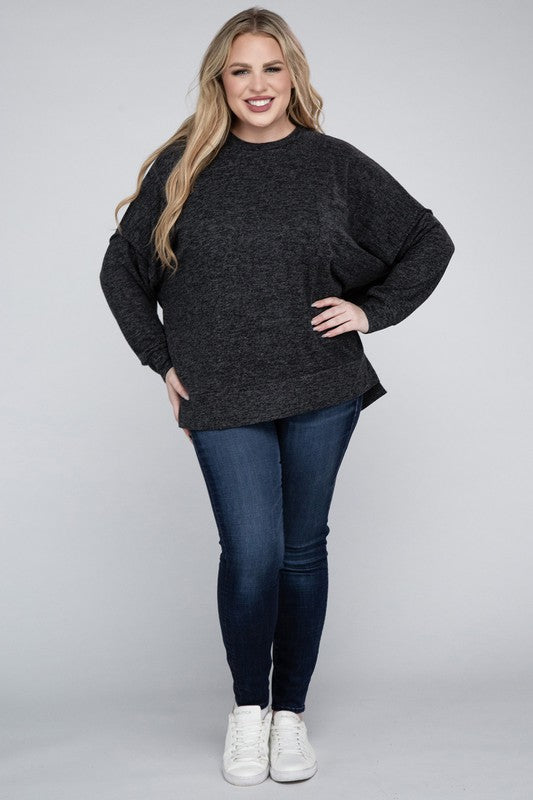 Plus Size Brushed Melange Drop Shoulder Sweater - online exclusive