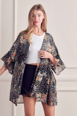 FLORAL PRINT RUFFLE SLEEVE KIMONO  - Online Exclusive