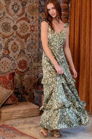 Sleeveless Satin Tiered Maxi Dress with Slit: OLIVE CREAM