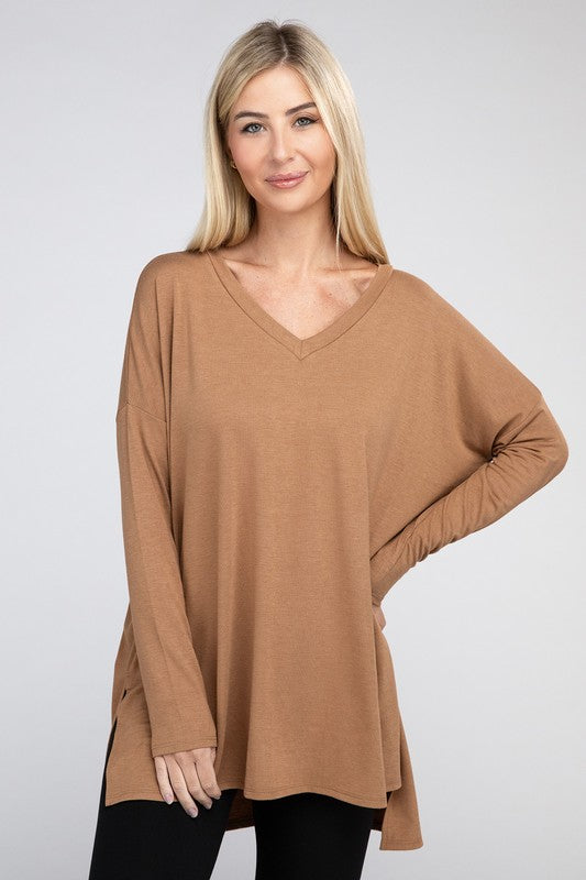 Dolman Long Sleeve V-Neck Side Slit Hi-Low Hem Top - Online Exclusive