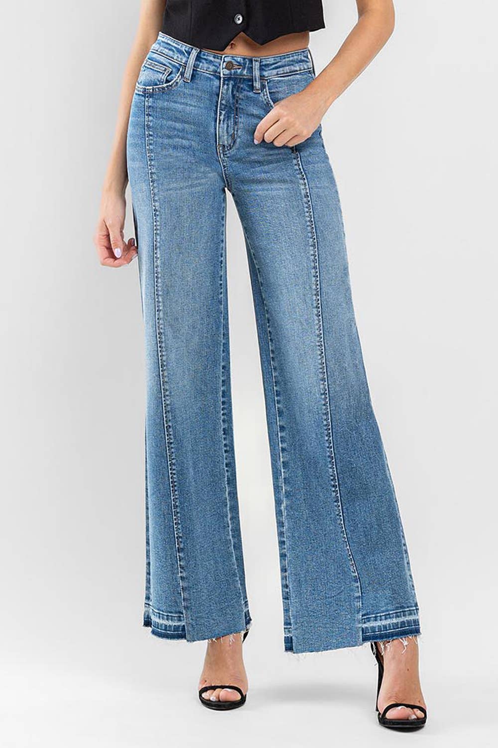 HIGH RISE DISTRESSED SLIM WIDE JEANS