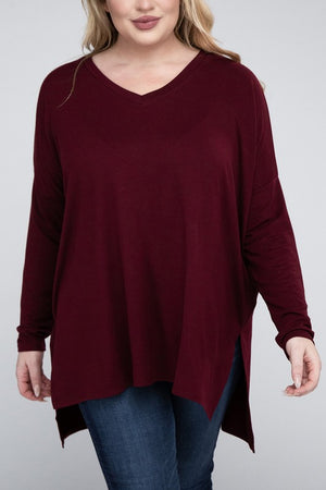 Plus Size Dolman Sleeve V-Neck Side Slit Hi-Low Hem Top - Online Exclusive