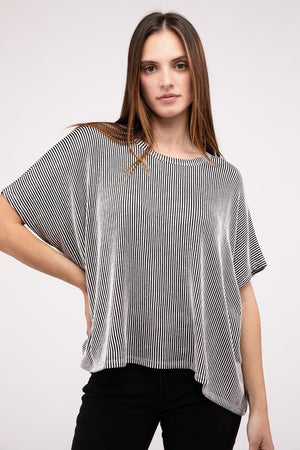 Ribbed Striped Oversized Short Sleeve Top - online exclusive