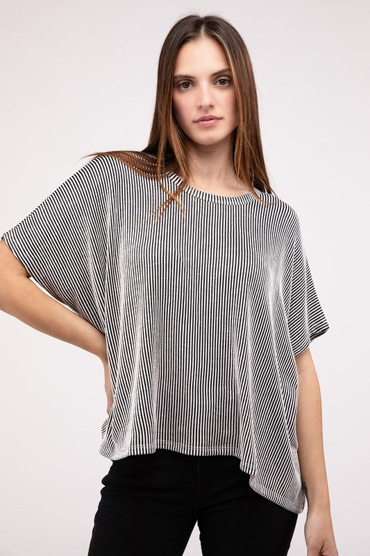 Ribbed Striped Oversized Short Sleeve Top - online exclusive