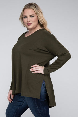 Plus Size Dolman Sleeve V-Neck Side Slit Hi-Low Hem Top - Online Exclusive