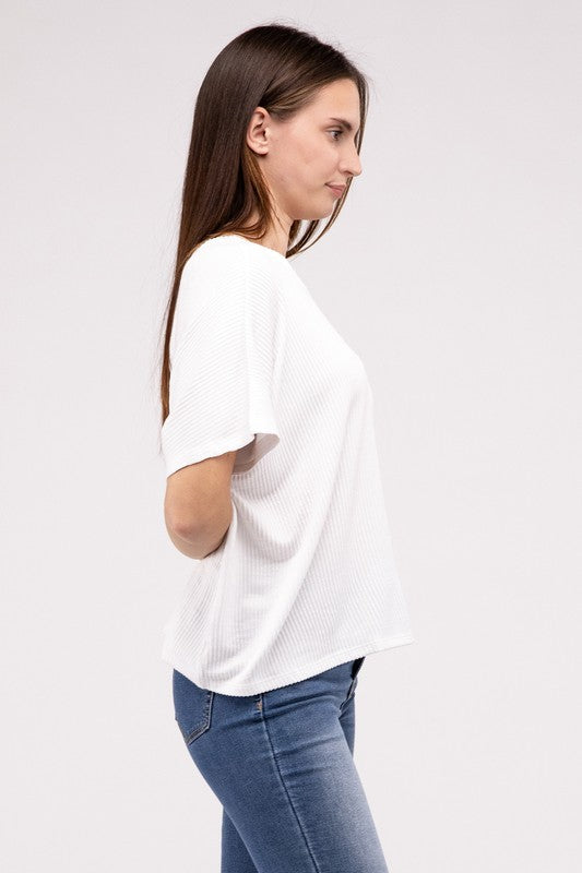 Ribbed Striped Oversized Short Sleeve Top - online exclusive