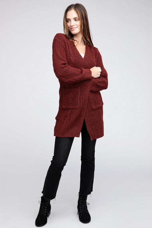 Twist Knitted Open Front Cardigan With Pockets - online exclusive