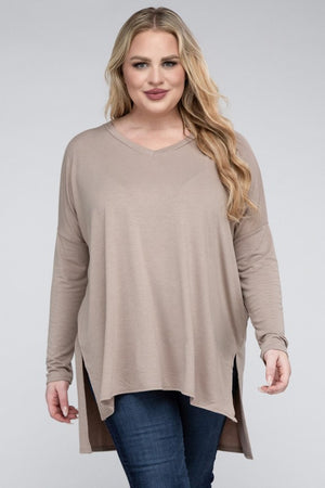 Plus Size Dolman Sleeve V-Neck Side Slit Hi-Low Hem Top - Online Exclusive