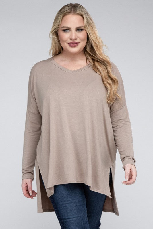 Plus Size Dolman Sleeve V-Neck Side Slit Hi-Low Hem Top - Online Exclusive