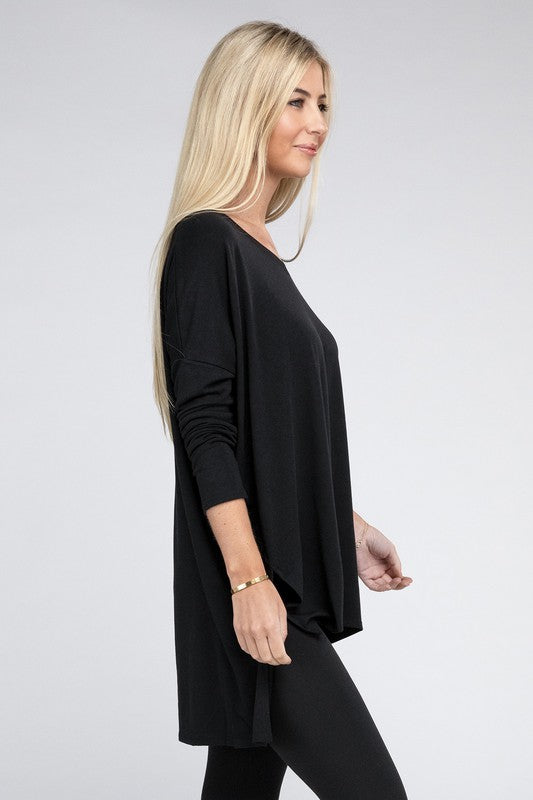 Dolman Long Sleeve V-Neck Side Slit Hi-Low Hem Top - Online Exclusive