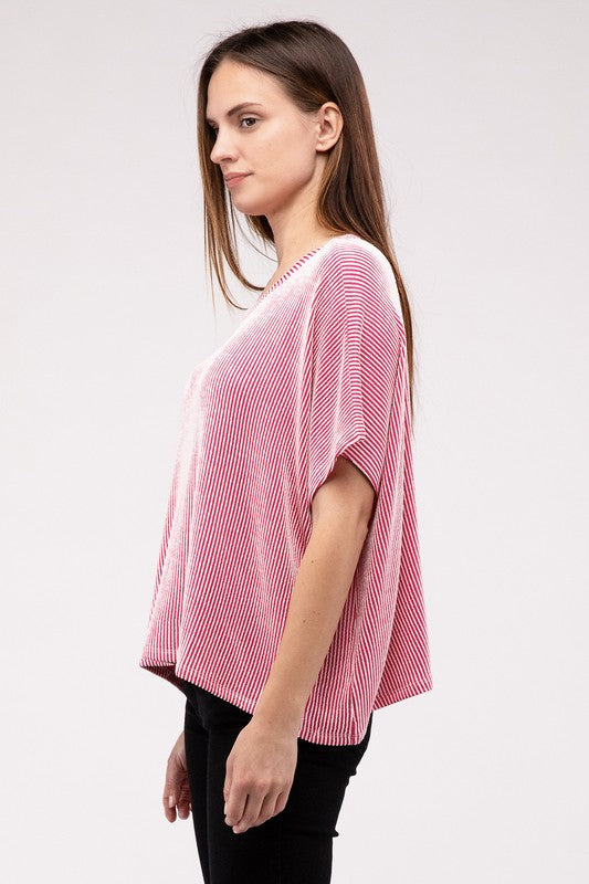 Ribbed Striped Oversized Short Sleeve Top - online exclusive