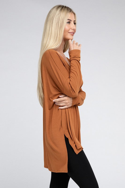 Dolman Long Sleeve V-Neck Side Slit Hi-Low Hem Top - Online Exclusive