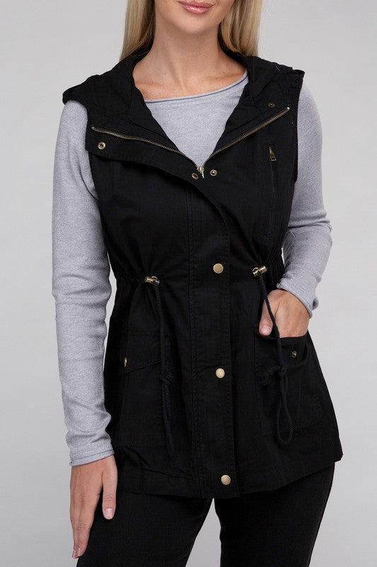 Drawstring Waist Military Hoodie Vest - online exclusive