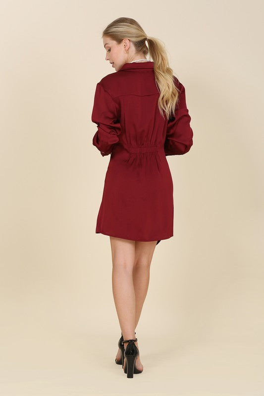 Satin collared wrap mini dress - online exclusive