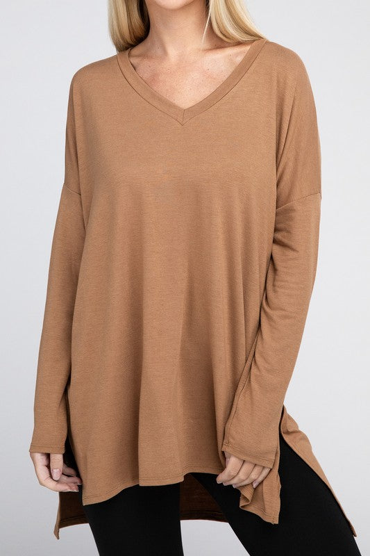 Dolman Long Sleeve V-Neck Side Slit Hi-Low Hem Top - Online Exclusive