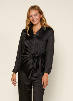 Long Sleeve Satin Tie Front Button Down Shirt