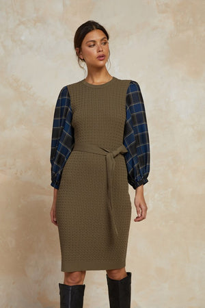 Plaid Sleeve Cable Sweater Dress