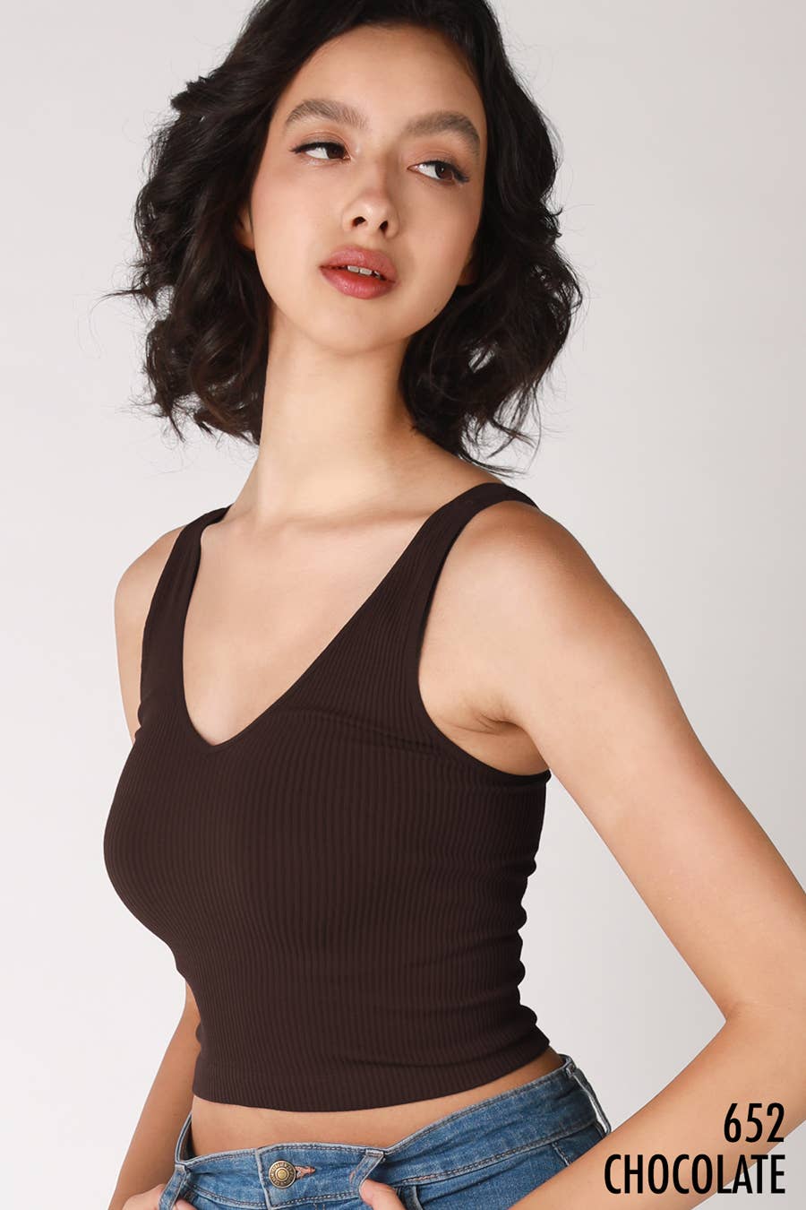 Chocolate V Neck Ribbed Crop Top