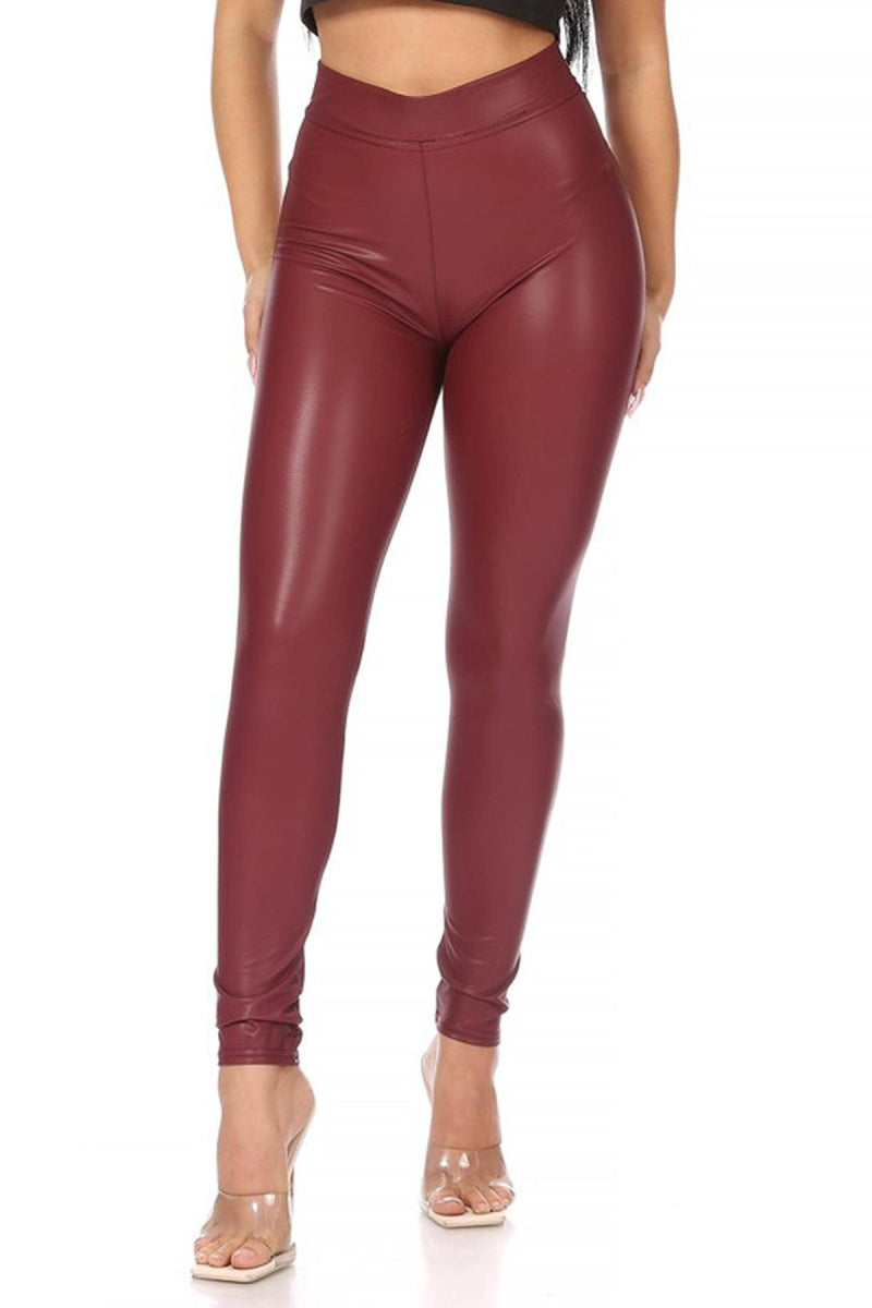 High Waist Wine Faux Leather Leggings