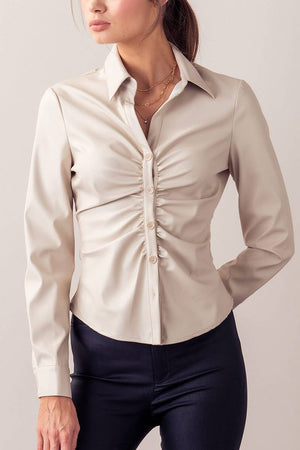 FAUX LEATHER RUCHED BUTTON DOWN SHIRT
