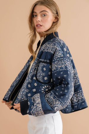 Paisley Quilted Binding Finish Zip Up Crop Jacket