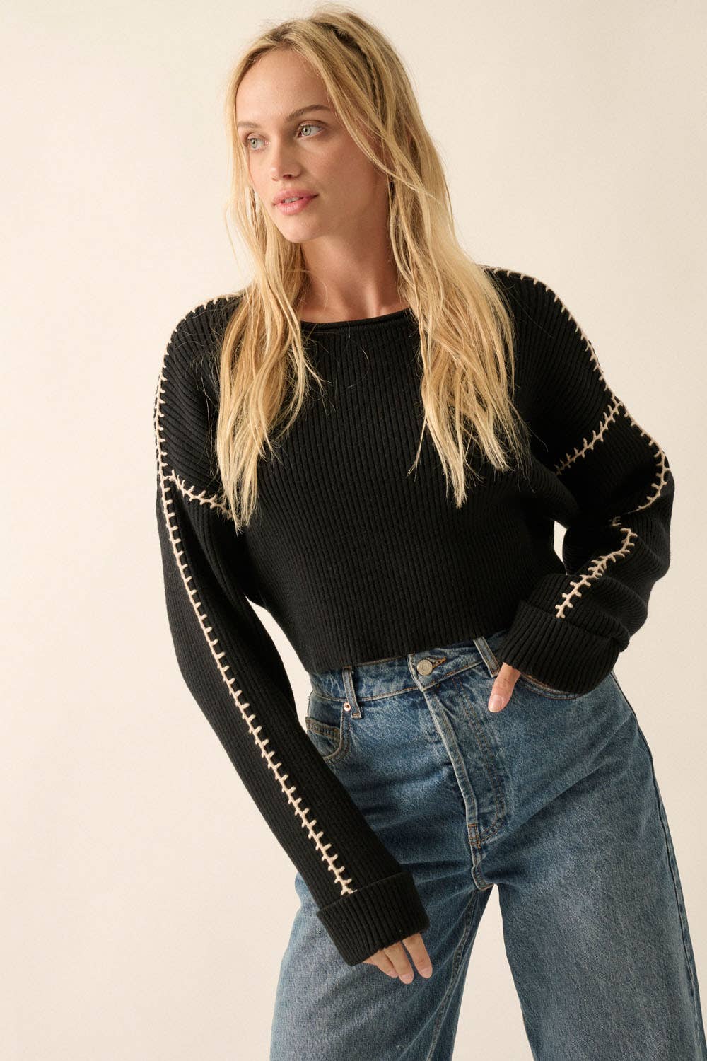 Solid Round Neck Rib Knit Stitch Seam Sweater