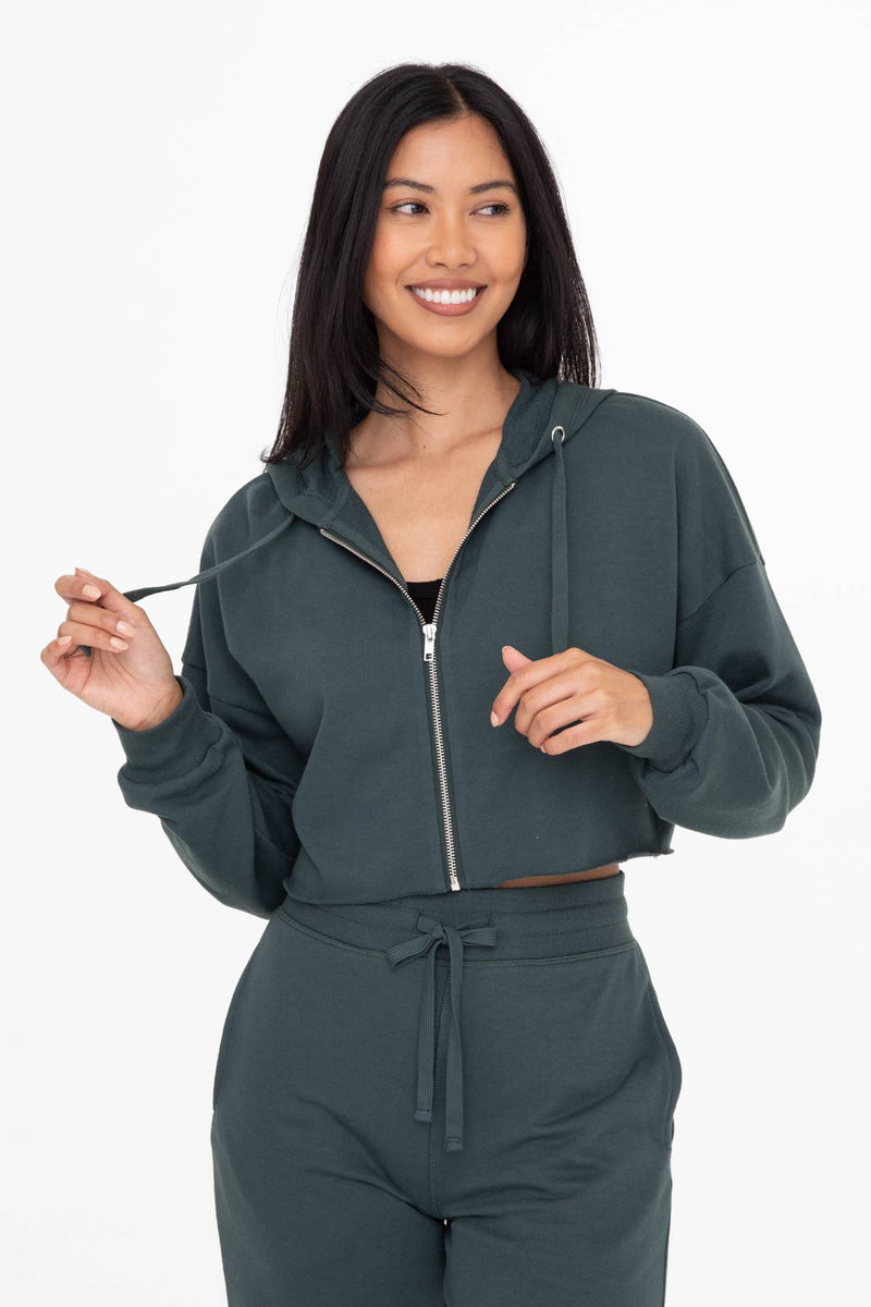 Crop Hoodie Zip-Up French Terry Jacket: JUNGLE GREEN