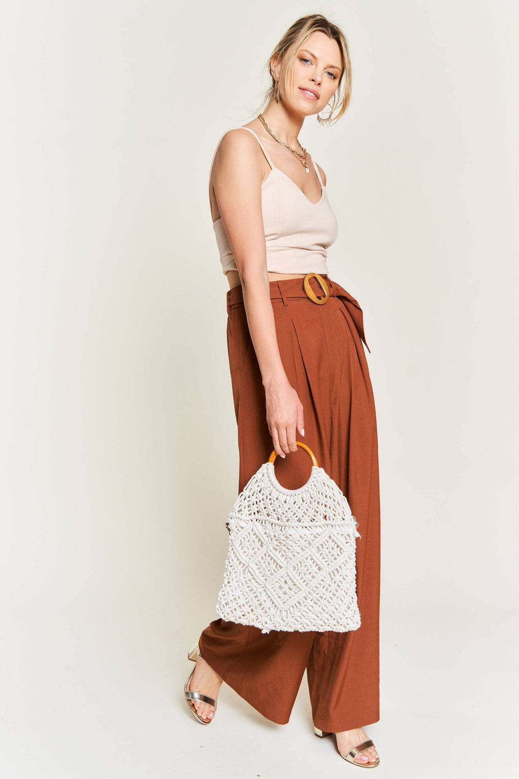 High-waist with Wood Belted Wide Leg Pants